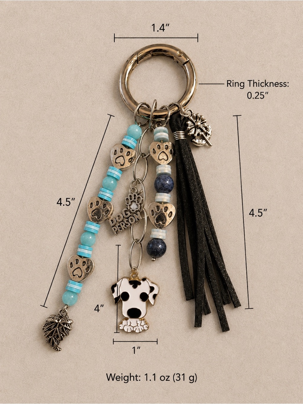 “Dog Person” Bag Charm/Key Ring with Dog Pendant, Silver Dog Paw Beads & More! - Picture 3 of 9